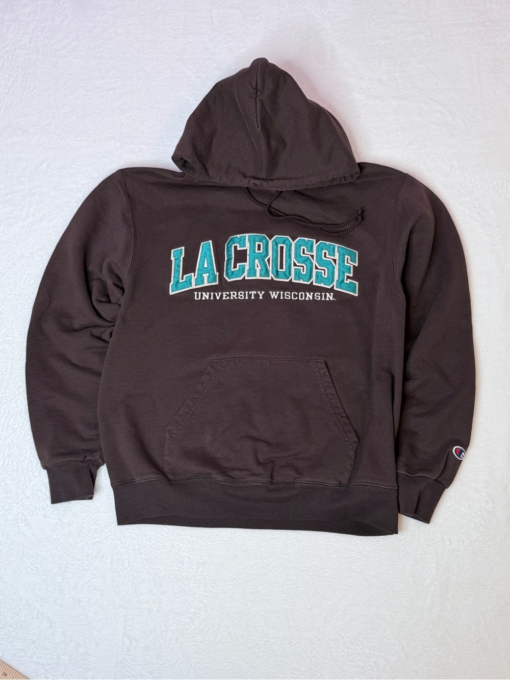 Champion La Crosse Wisconsin Brown Hoodie Sweatshirt Embroidered Medium